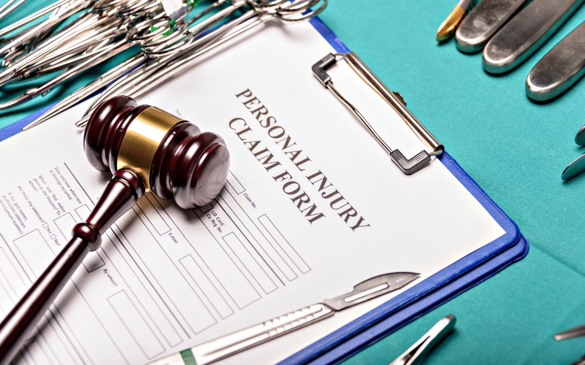 Gavel and personal injury claim form on clipboard.